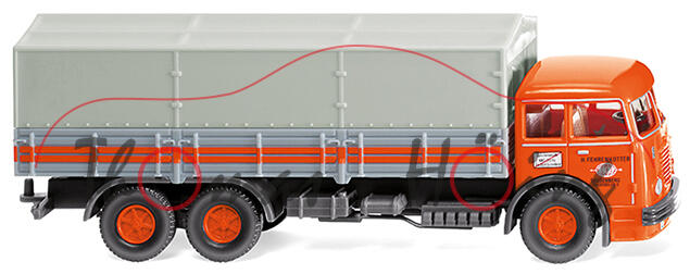 Büssing 12000 (Mod. 51-54) Pritschen-LKW mit Plane, orange/grau, Fehrenkötter, Wiking, mb