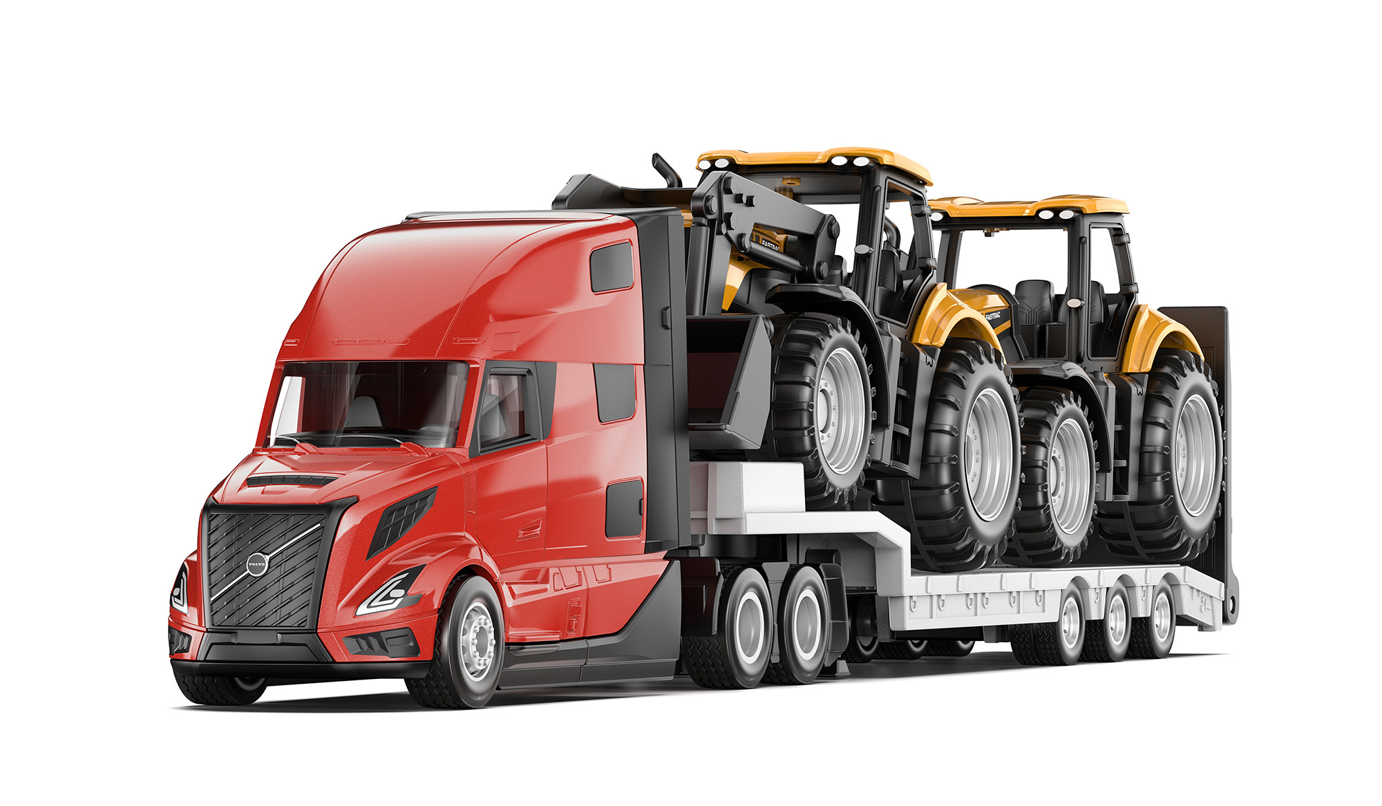 00000 Volvo VNL 860 (2. Generation, Modell 2024-) und Tieflader mit Ladegut JCB® 8250 V-TRONIC FASTRAC, rot/silber und melonengelb/schwarz, SIKU SUPER 1:87, L17mpK