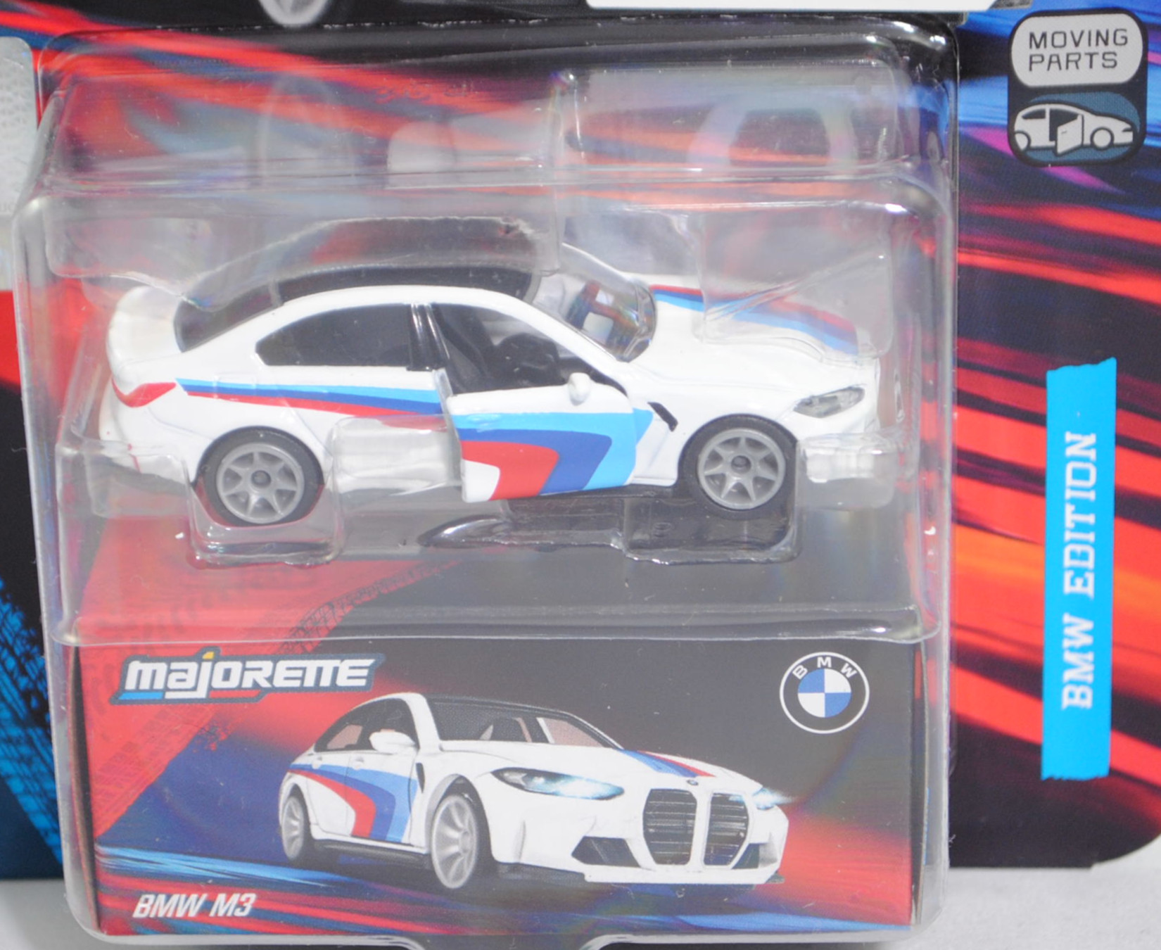 BMW M3 Limousine (G80, Modell 2021-) (Nr. 257G), Karosserie alpinweiß uni, Dach schwarz, Zierstreifen in BMW Motorsport-Farben, Felgen grau, majorette, 1:62, Blister (BMW EDITION)