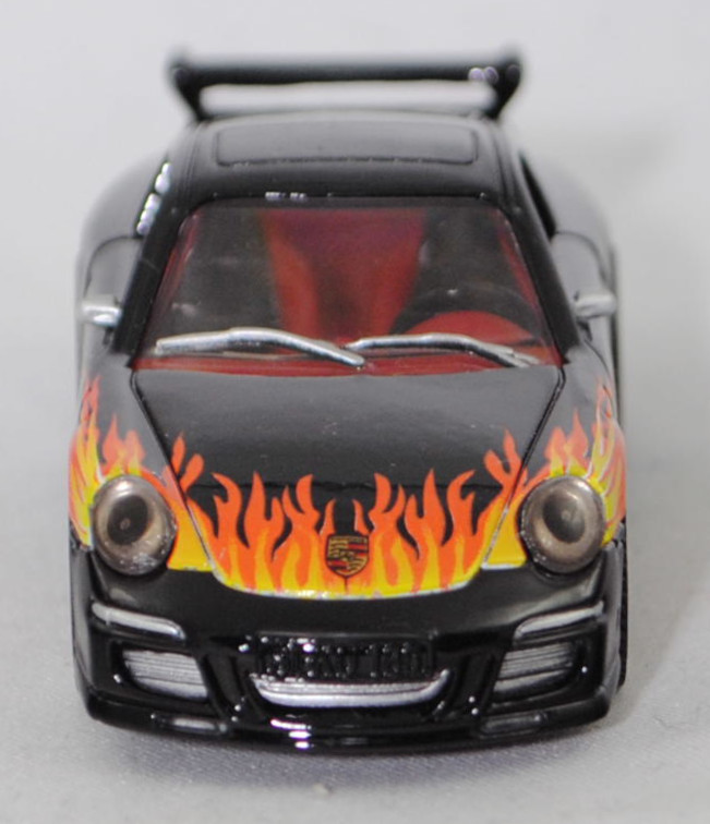 00401 Porsche 911 Carrera S (Typ 997.1 Coupé / 997 MK1 Coupé, Vorfacelift, Modell 2004-2008), schwarz, blackline / Flammendesign, SIKU SUPER, 1:55, m