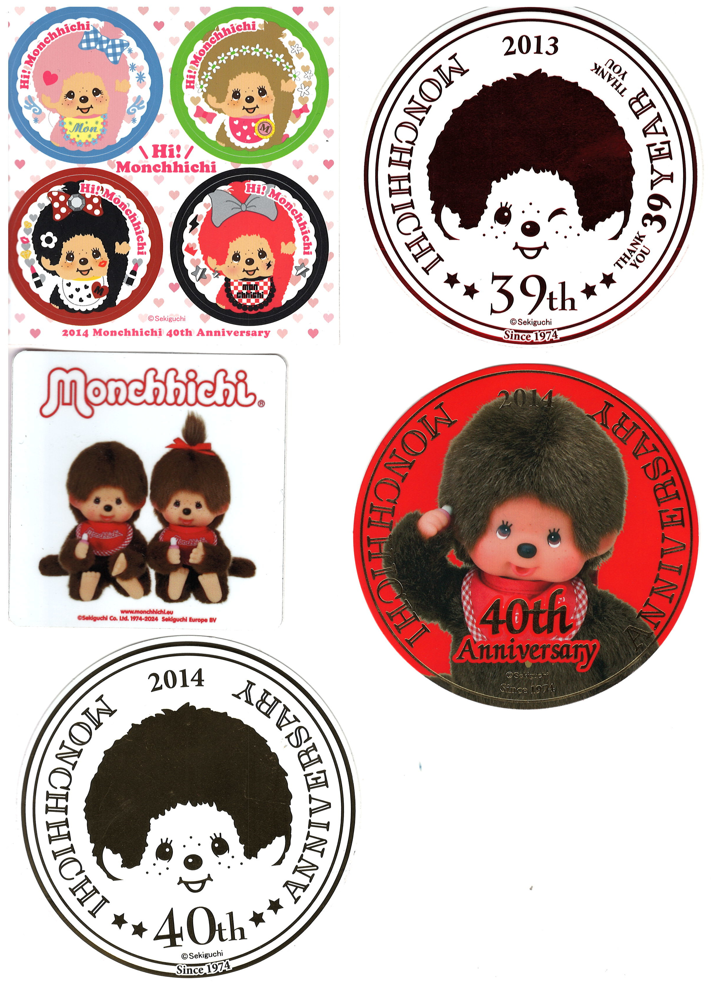 Monchhichi diverse Aufkleber (5 Stück): Hi! Monchhichi Aufkleberbogen 40 th Anniversary / Monchhichi 39 th / Monchhichi 40th Anniversary, Sekiguchi (Limited Edition)