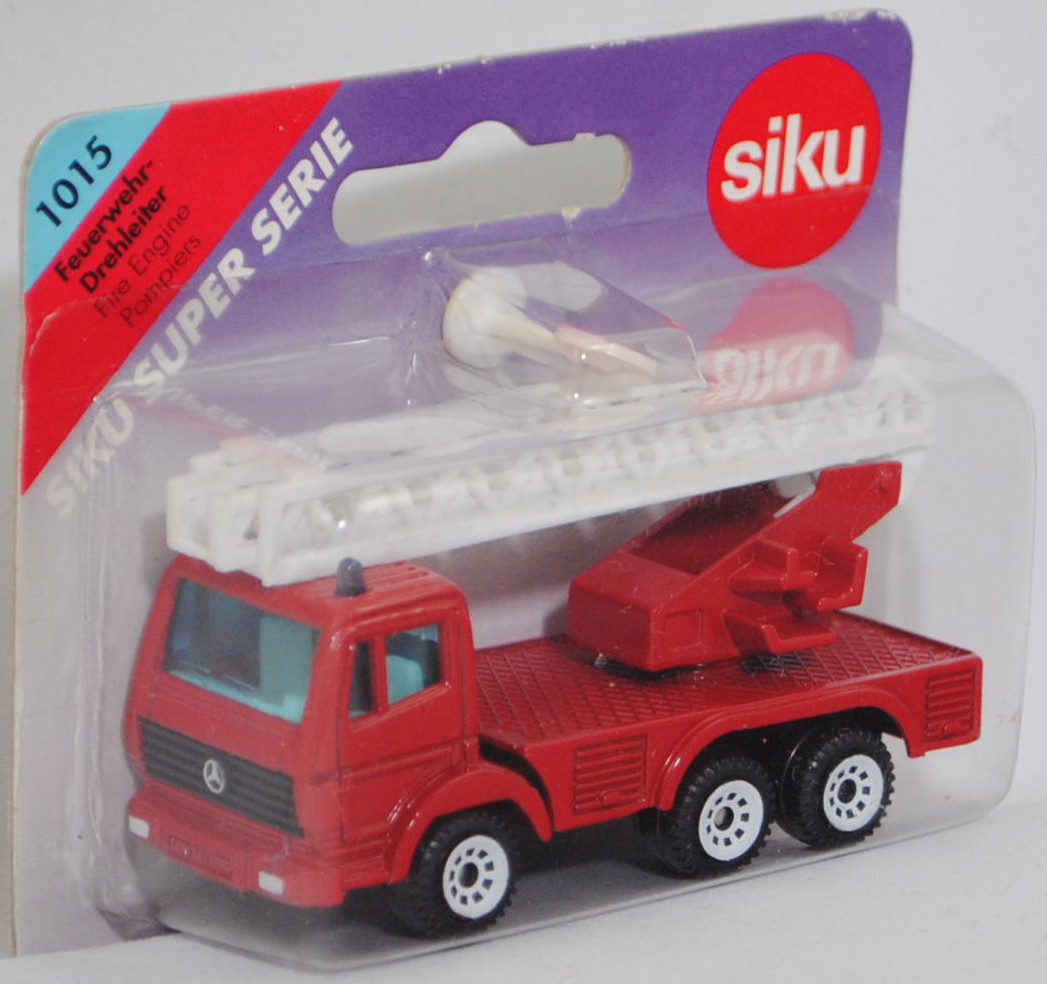 00001 Metz Hubrettungsfahrzeug DL 23-12 S auf Fahrgestell Mercedes-Benz SK 2429 6x4/41 (Modell 1989-1994) (Feuerwehr-Drehleiter), rot, Bpr. 0811/1019/1015, SIKU SUPER, 1:83, P27