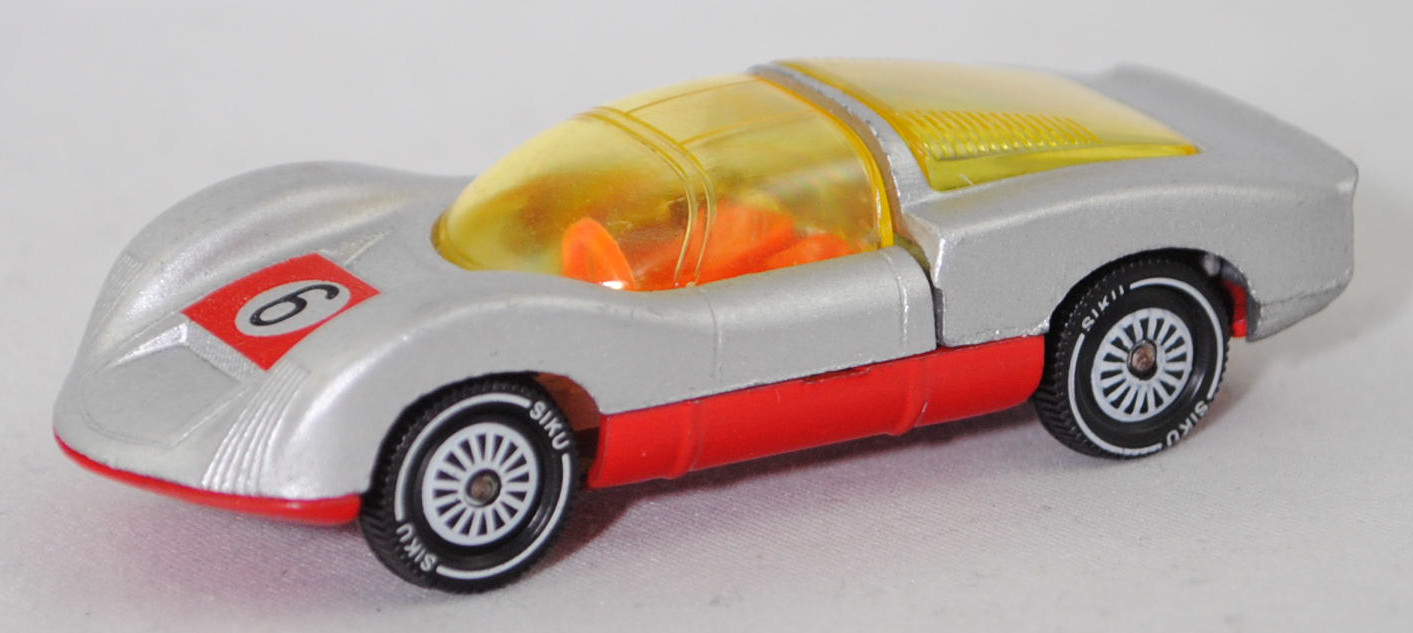 00006 Porsche 906 Carrera 6 (Typ Standard Coupé, Modell 1966-1966), silbergraumetallic/verkehrsrot, Nr. 6, Bpr. V 285 / 1013, W-Germ, Verglasung gelb, R11, SIKU SUPER, 1:59, m