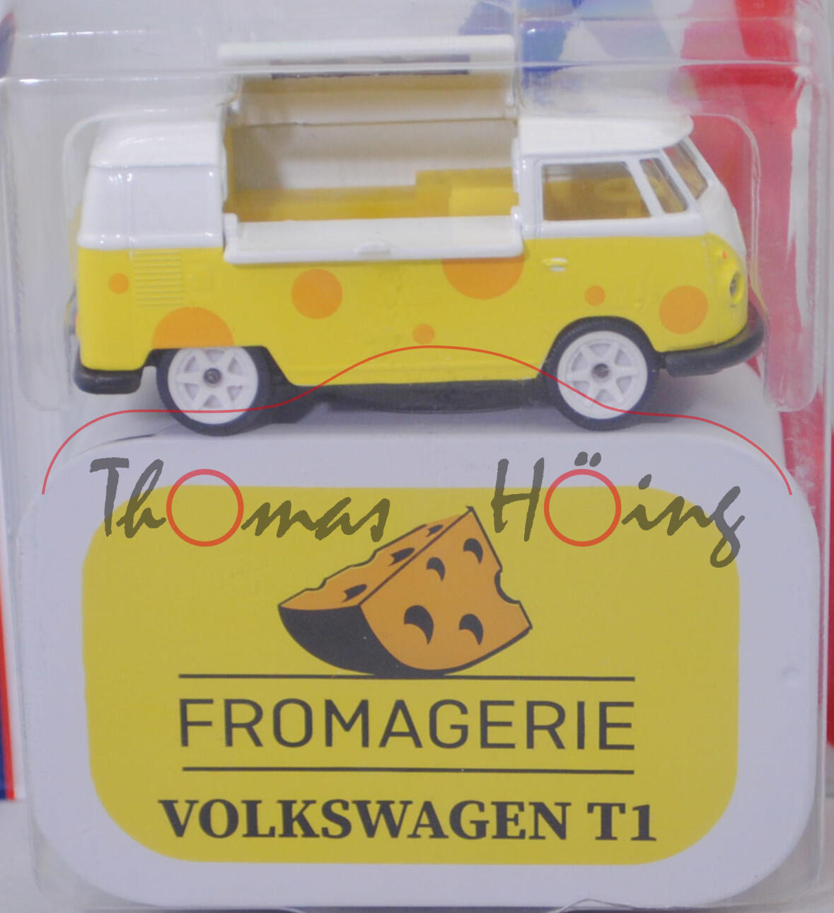 VW Transporter Kastenwagen (Modell 1960-1963) Food Truck, weiß/gelb, FROMAGERIE, majorette, 1:59, Blister