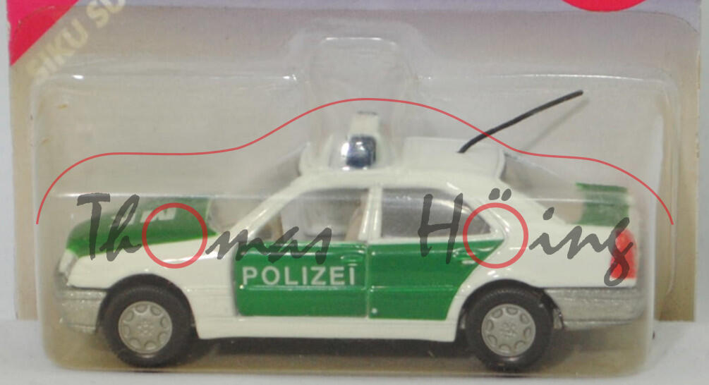 00015a Mercedes-Benz C 220 Klassische Version (W 202, Mod. 93-95) Peterwagen, weiß, POLIZEI / MK, Kardanwelle lang, SIKU, 1:55, P26 vergilbt