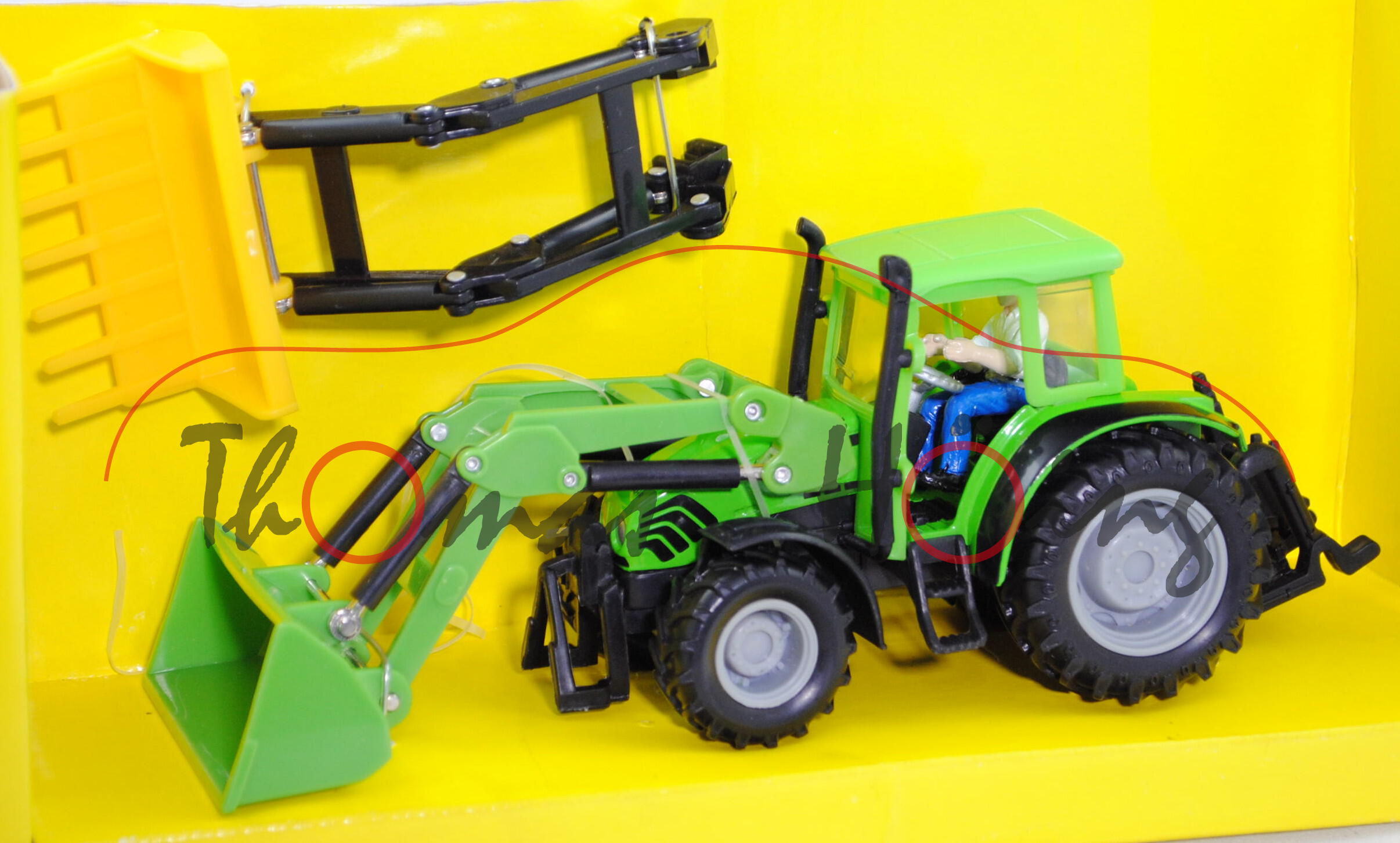 DEUTZ-FAHR Agroplus 70 DT mit Frontlader und Schaufel (Mod. 1997-2004), gelbgrün, TIM Toys, 1:32, mb