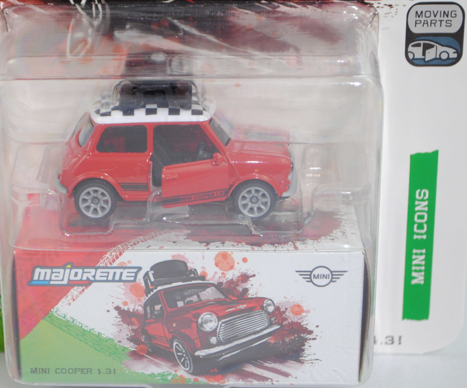 MINI Cooper 1.3i (ADO20, Modellcode XN, 5. Facelift 1991, Modell 1991-1996) mit Dachgepäckträger und Ladegut (Nr. 265E), rot/weiß, majorette, 1:53, Blister (MINI ICONS DELUXE CARS)