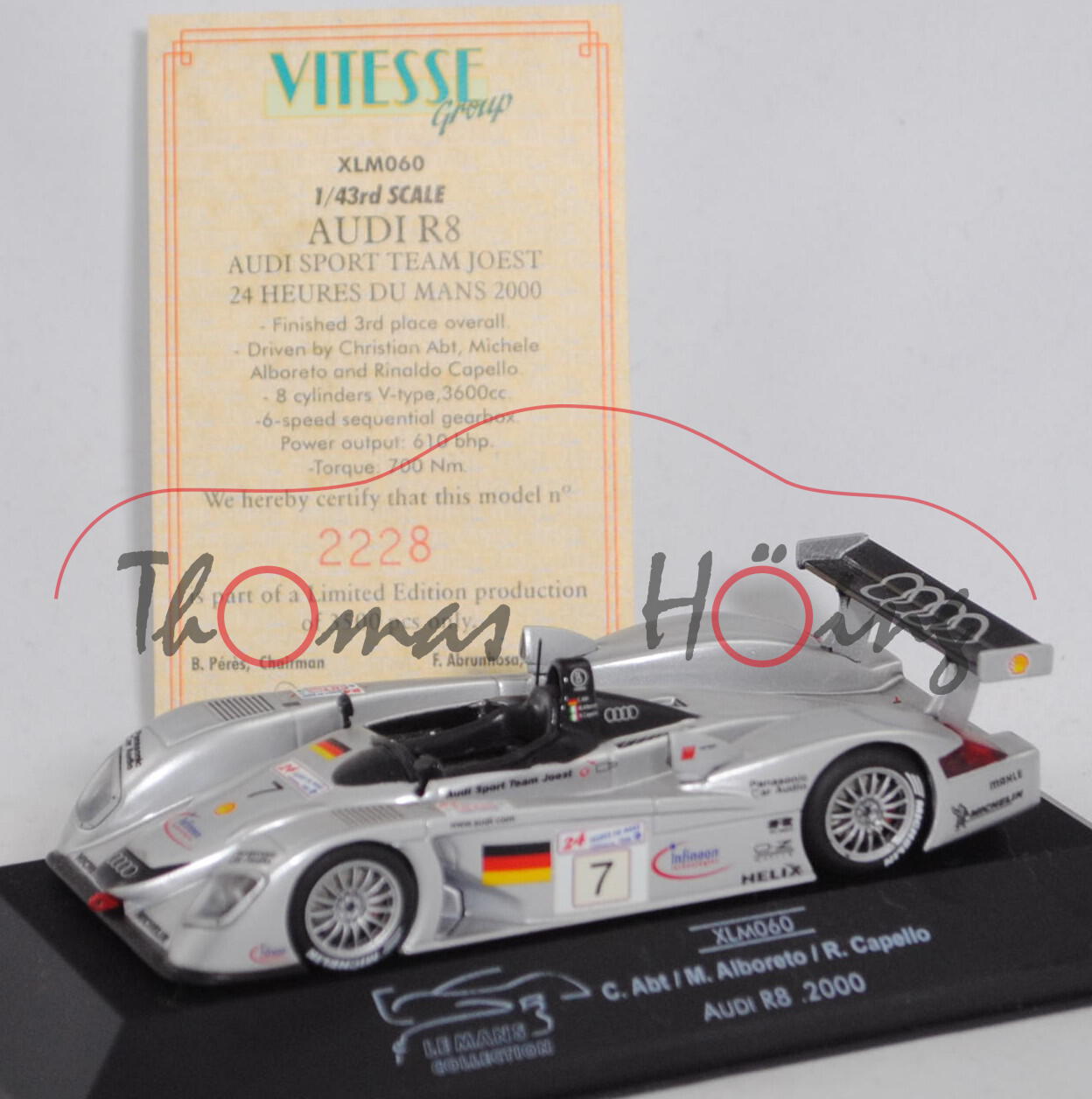 Audi R8, Team: Audi Sport Team Joest, Le Mans 2000, Abt/Alboreto/Capello, Nr. 7, ONYX, 1:43, PC-Box