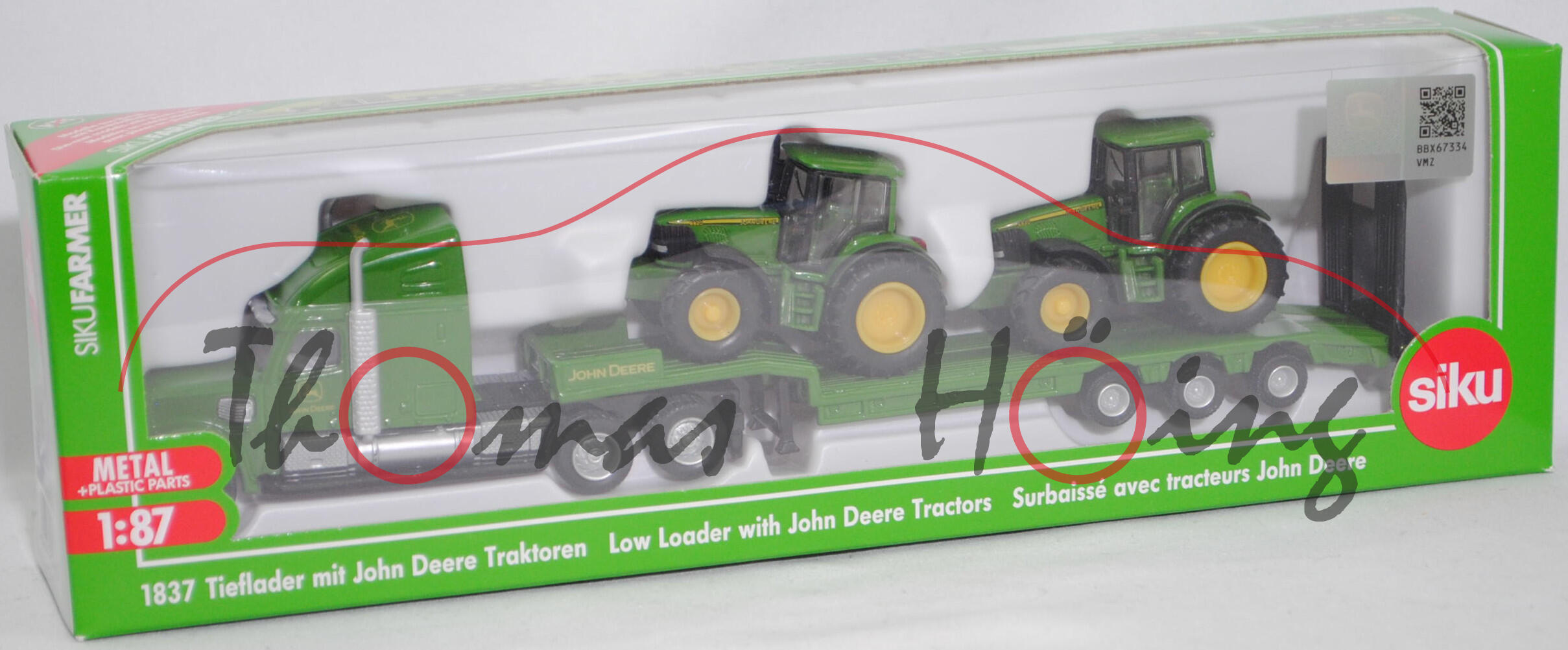 00001 FREIGHTLINER® CORONADO® CC132 (Modell 2001-2010) mit NOOTEBOOM OSDS-Semi-Tieflader und John Deere 6820 + 6920, hell-smaragdgrün/schwarz, SIKU FARMER 1:87, L17mpK