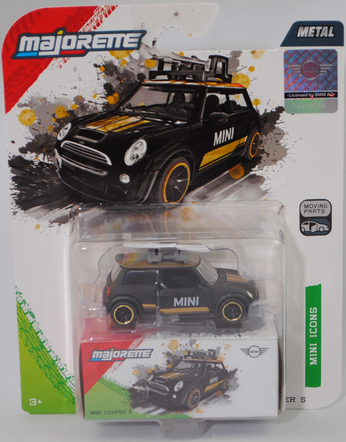 MINI Cooper S (1. Generation, R53, Vorfacelift, Modell 2002-2004) mit Dachgepäckträger und Ladegut (Nr. 265D), mattschwarz/gold, majorette, 1:55, Blister (MINI ICONS DELUXE CARS)
