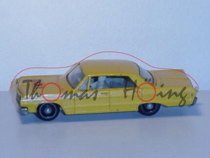 Chevrolet Impala Taxi Cab, signalgelb, TAXI, mit Fahrer und Anhängerkupplung, Matchbox Series