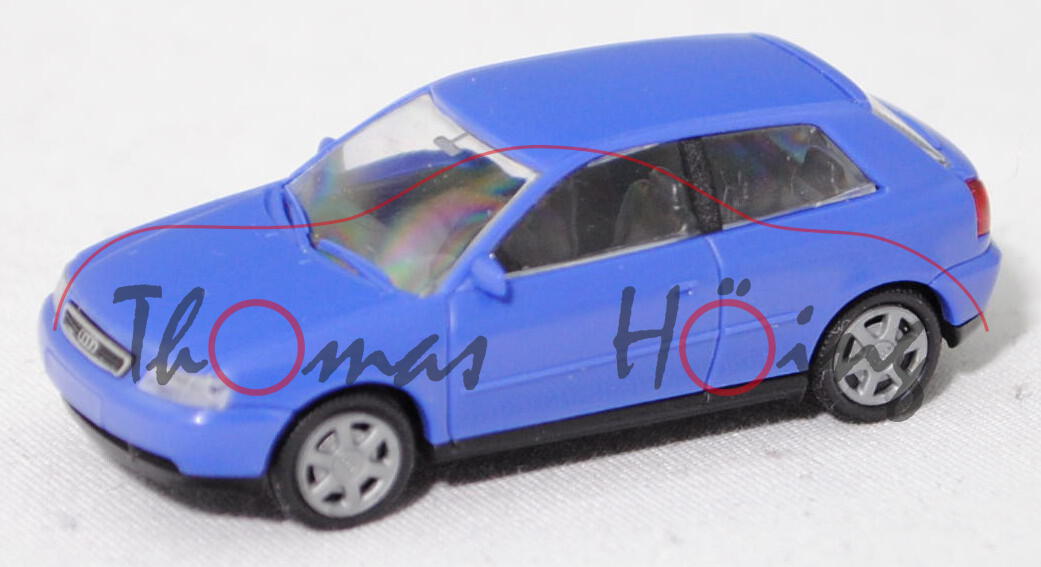 Audi A3 1.8 T 3-türig (1. Generation, Typ 8L, Modell 1996-2000), kornblume, Rietze, 1:87, Werbebox