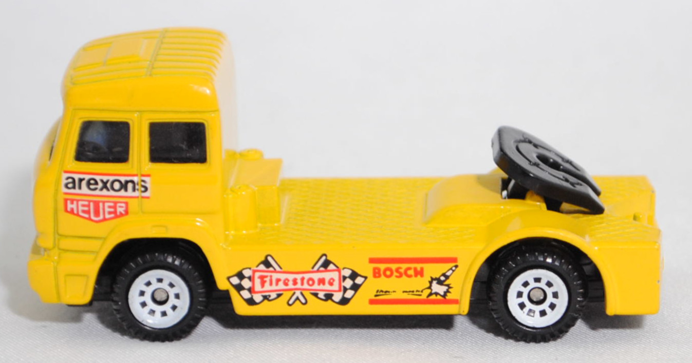 00001 Iveco TurboStar (Modell 1987-1990) Renntruck (Truck-Racing-Europameisterschaft 1989-1993, Klasse B), gelb, arexons / HEUER / Firestone / BOSCH, C1 reinweiß, SIKU, 1:86, m