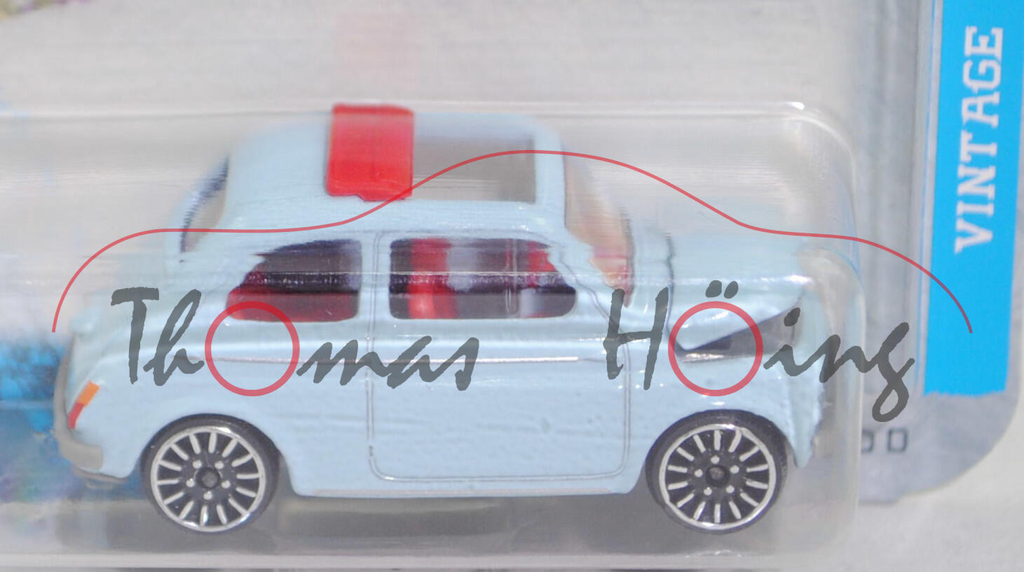 Fiat 500 D (1. Generation, Typ 110, D-Serie, Facelift 1960, Modell 1960-1965) mit geöffnetem Faltdach (Nr. 284B), blass-lichtblau, majorette, 1:47, Blister (VINTAGE)