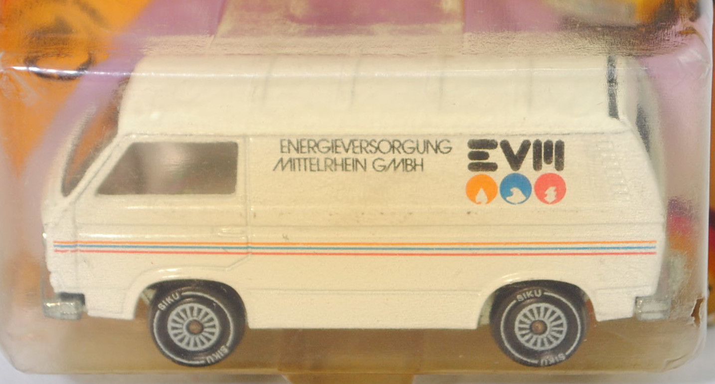 VW Transporter Kastenwagen (T3, Modell '80, Modell 1979-1982), reinweiß, ENERGIEVERSORGUNG / MITTELRHEIN GMBH / EVM, mit CE-Zeichen, SIKU, 1:60, P23 (Limited Edition)