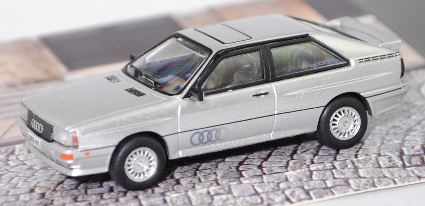 Audi quattro (B2, Typ 85Q, Facelift 2, Modell 1985-1987), silbermetalic (diamantsilbermetallic, L97A), Schuco und Tarmac Works by Minimax, 1:64, mb (Limited)