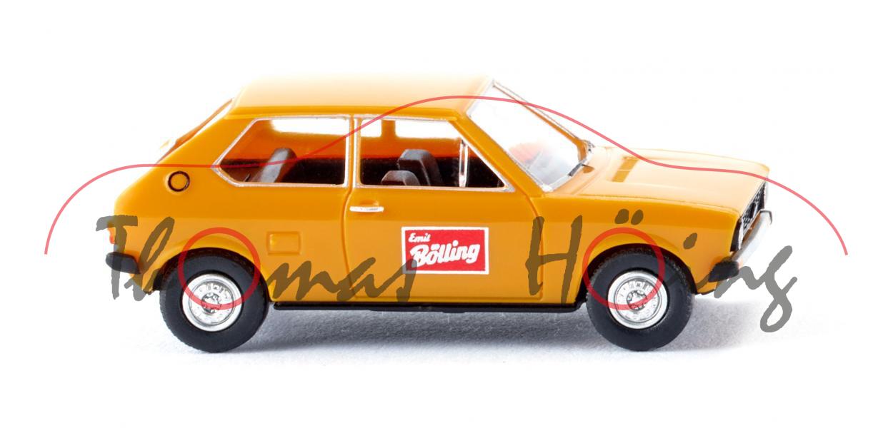 VW Polo I (Typ 86, Modell 75-79), narzissengelb, Druck Emil Bölling auf den Türen, Wiking, 1:87, mb