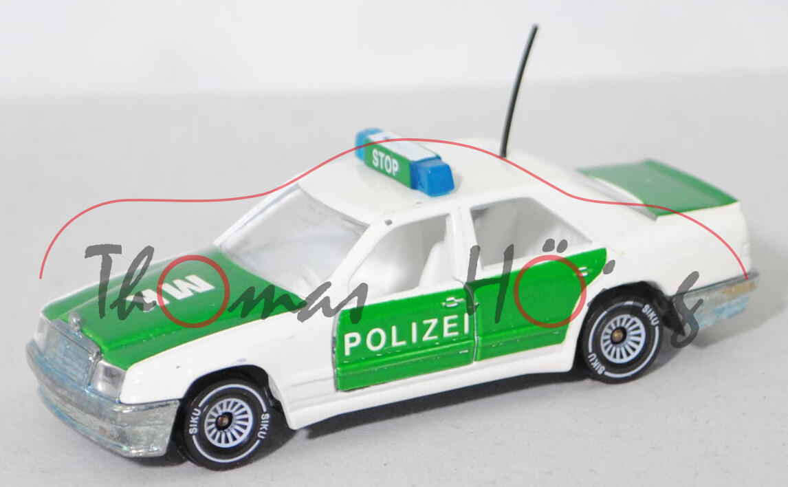 00006 Mercedes-Benz 300 E (W 124, Modell 1985-1986) Peterwagen, reinweiß, innen weiß, POLIZEI / MK, Mittelkonsole glatt, mit CE-Zeichen, B4, SIKU, 1:55, m-