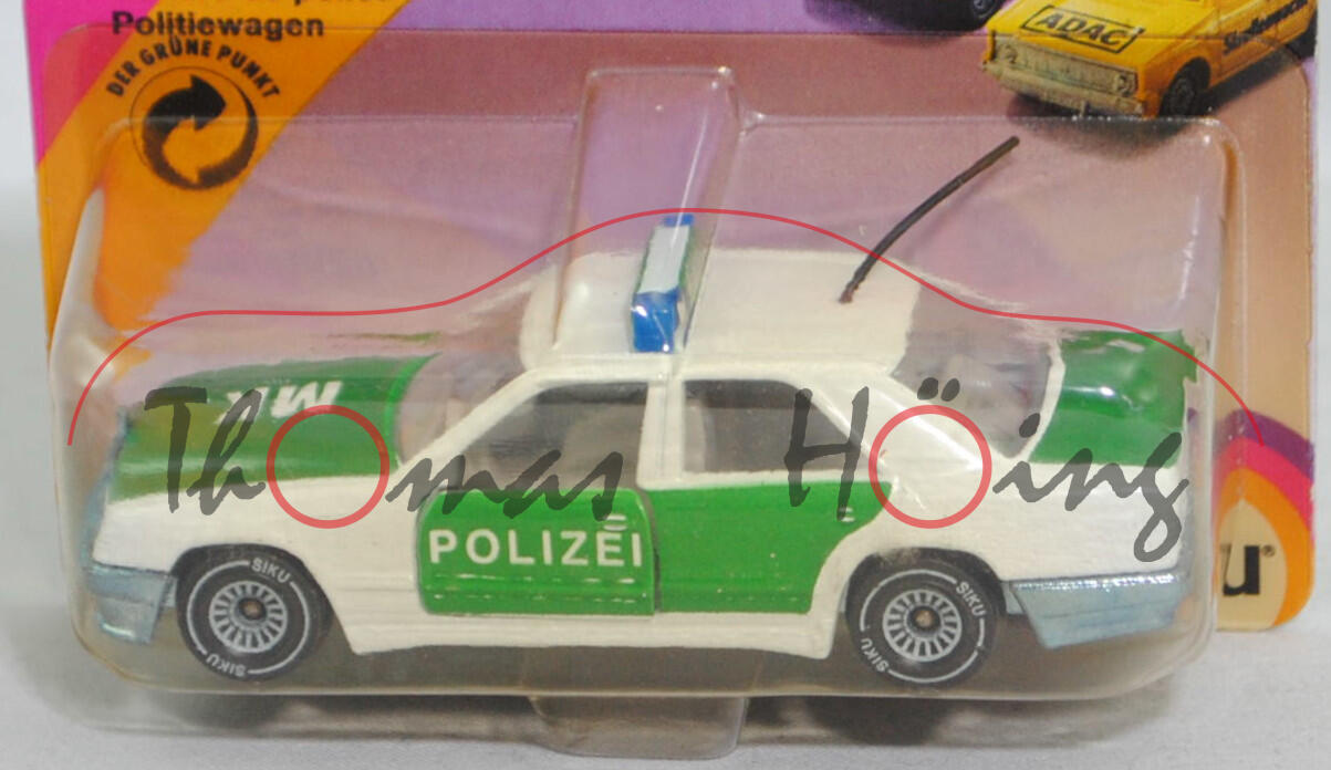 00008 Mercedes-Benz 300 E (W 124, Modell 1985-1986) Peterwagen, weiß, innen grau, POLIZEI / MK, Mittelkonsole strukturiert, B4, SIKU, 1:55, P23 vergilbt