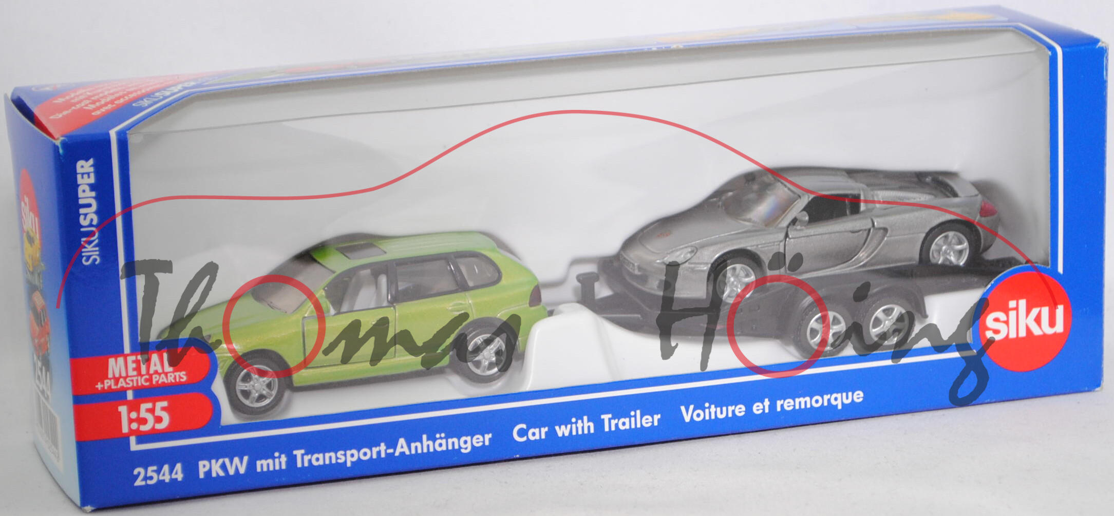 00002 Porsche Cayenne Turbo mit BÖCKMANN Autotransporter und Porsche Carrera GT, hell-gelbgrünmetallic + mattschwarz + hell-staubgraumetallic, SIKU, 1:55, L17mpK
