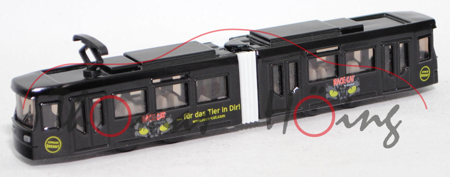 00008 ADtranz GT4N-ZR Niederflur-Straßenbahn (Modell 1997-2009), schwarz, schmeckt / besser / RACE CAT / The Energy Drink / ... Für das Tier in Dir!, SIKU, 1:117