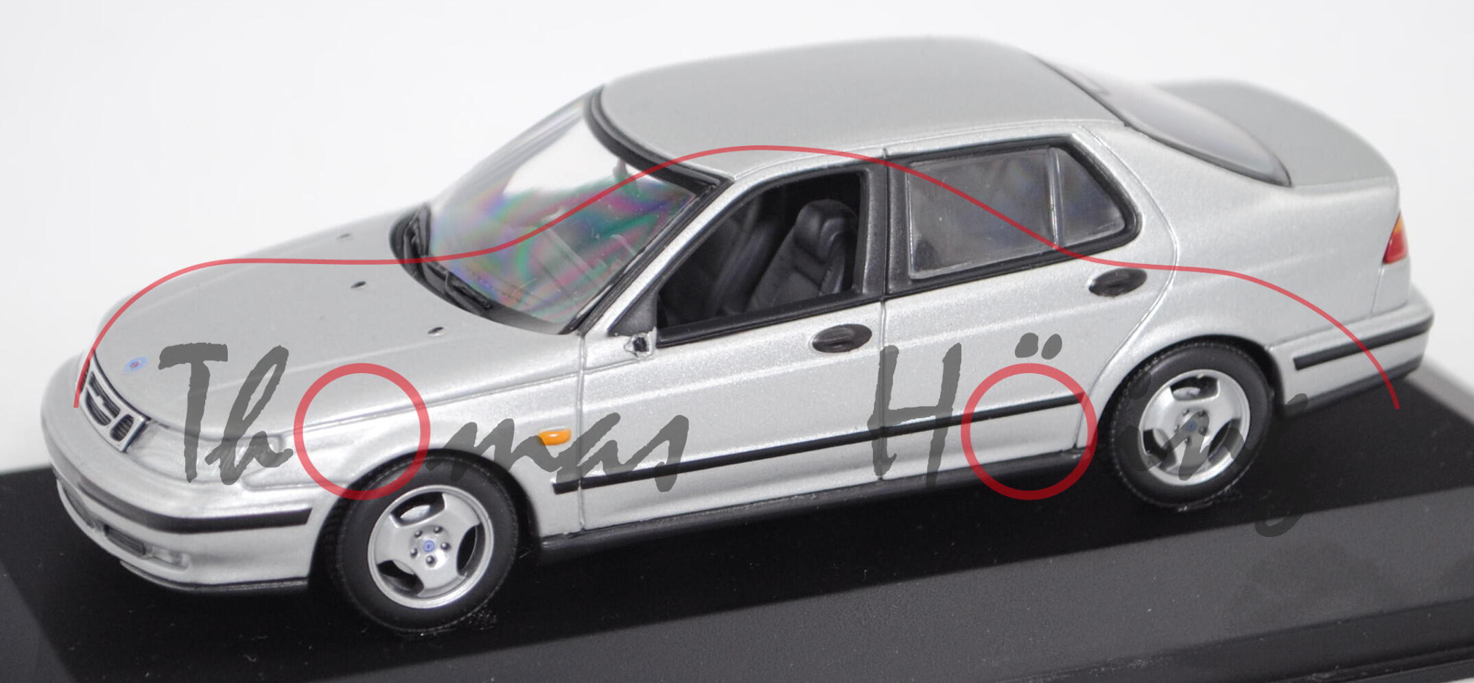 Saab 9-5 Limousine (1. Gen., Mod. 97-01), silber, Außenspiegel links weg, Minichamps, 1:43, PC-Box