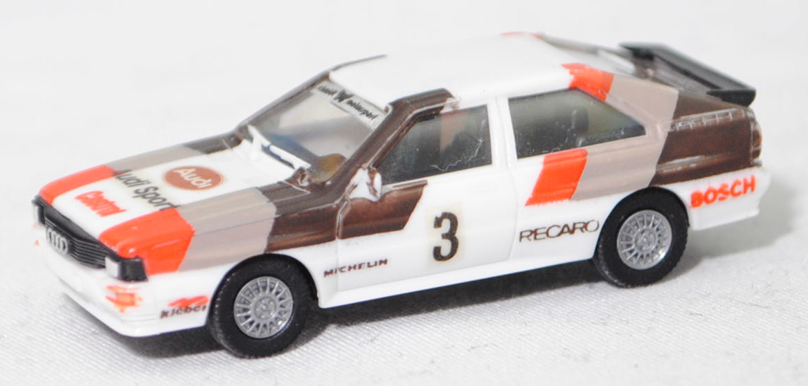 Audi quattro (B2, Typ 85Q, VFL (Vorfacelift), Modell 1980-1982) Rallye, alpinweiß, Design FIA-Rallye-Weltmeisterschaft 1981 bis 1983, Team Audi Sport, Herpa, 1:87, mb