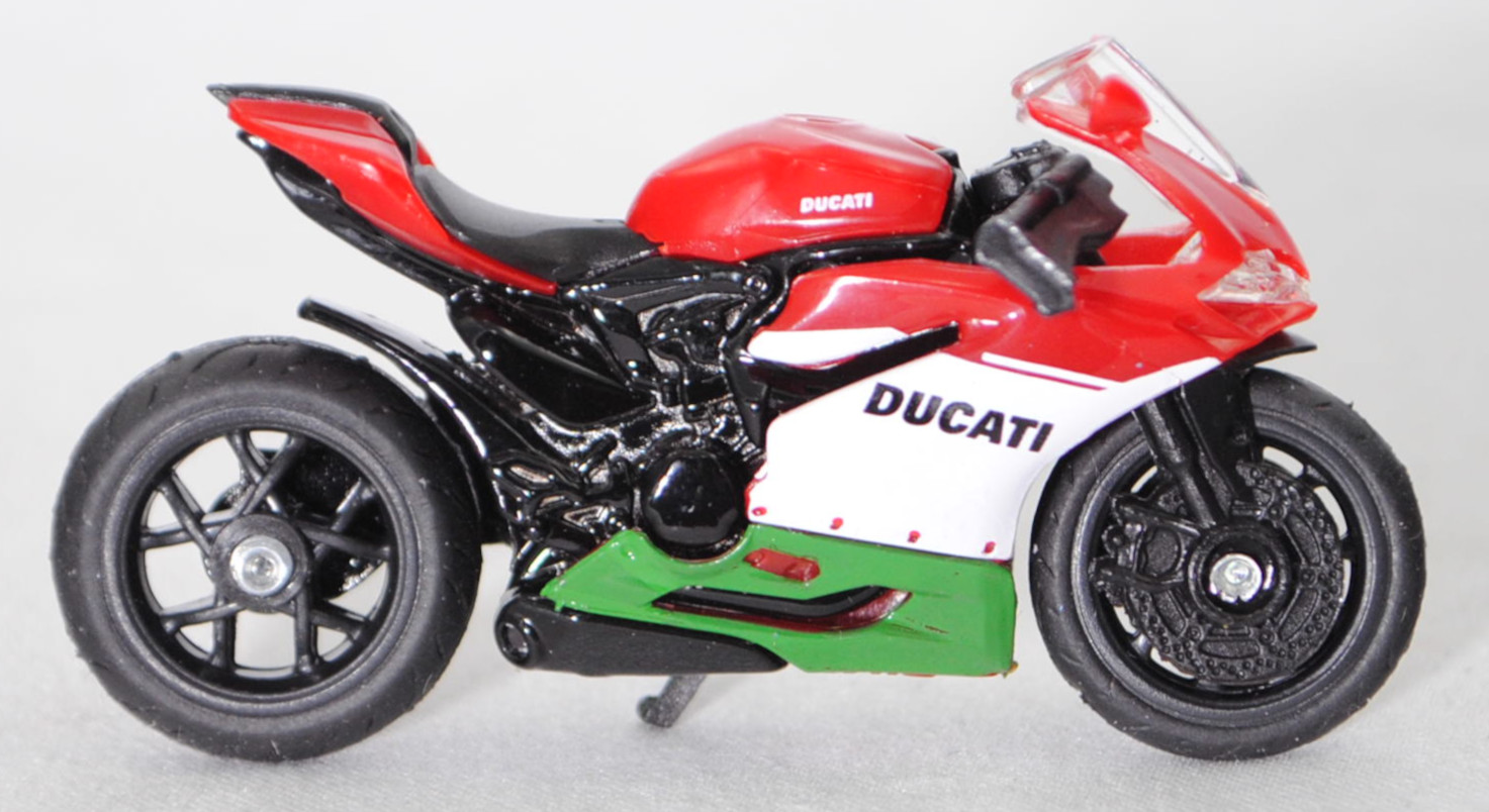 00500 I Ducati 1299 Panigale (4. Generation, Typ Superbike, Modell 2015-2018) Tricolore, rot/schwarz, Verkleidung mit Druck Tricolore, SIKU SUPER, 1:35, P29e mit grauer Preisecke