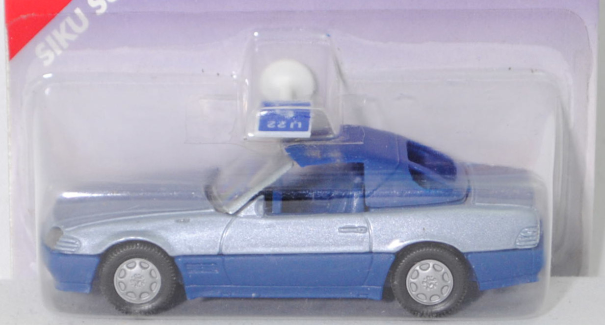 00005 Mercedes-Benz 500 SL mit Verdeck (Hardtop) (R 129, Modell 1989-1992), silberblaumetallic/saphirblau, Scheibe seitlich lackiert, Heckklappe mit Stern, Hong, B7, SIKU, 1:55, P27