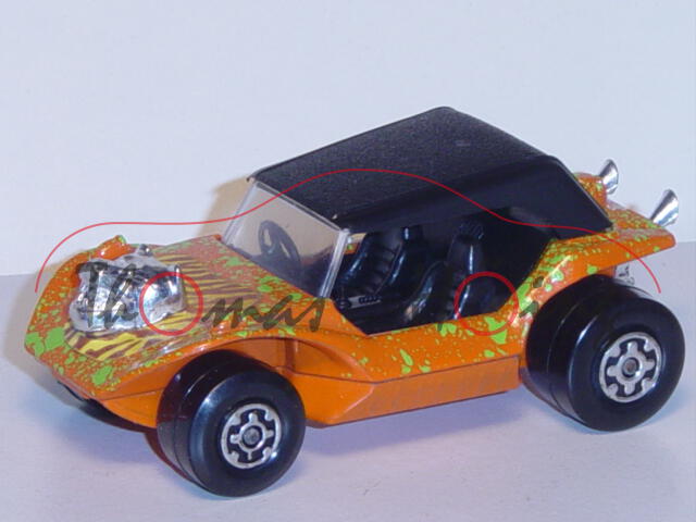 Sand Car, hellrotorange, mit grünen Farbtupfern, mit Kopf auf der Fronthaube, Matchbox Speed Kings,