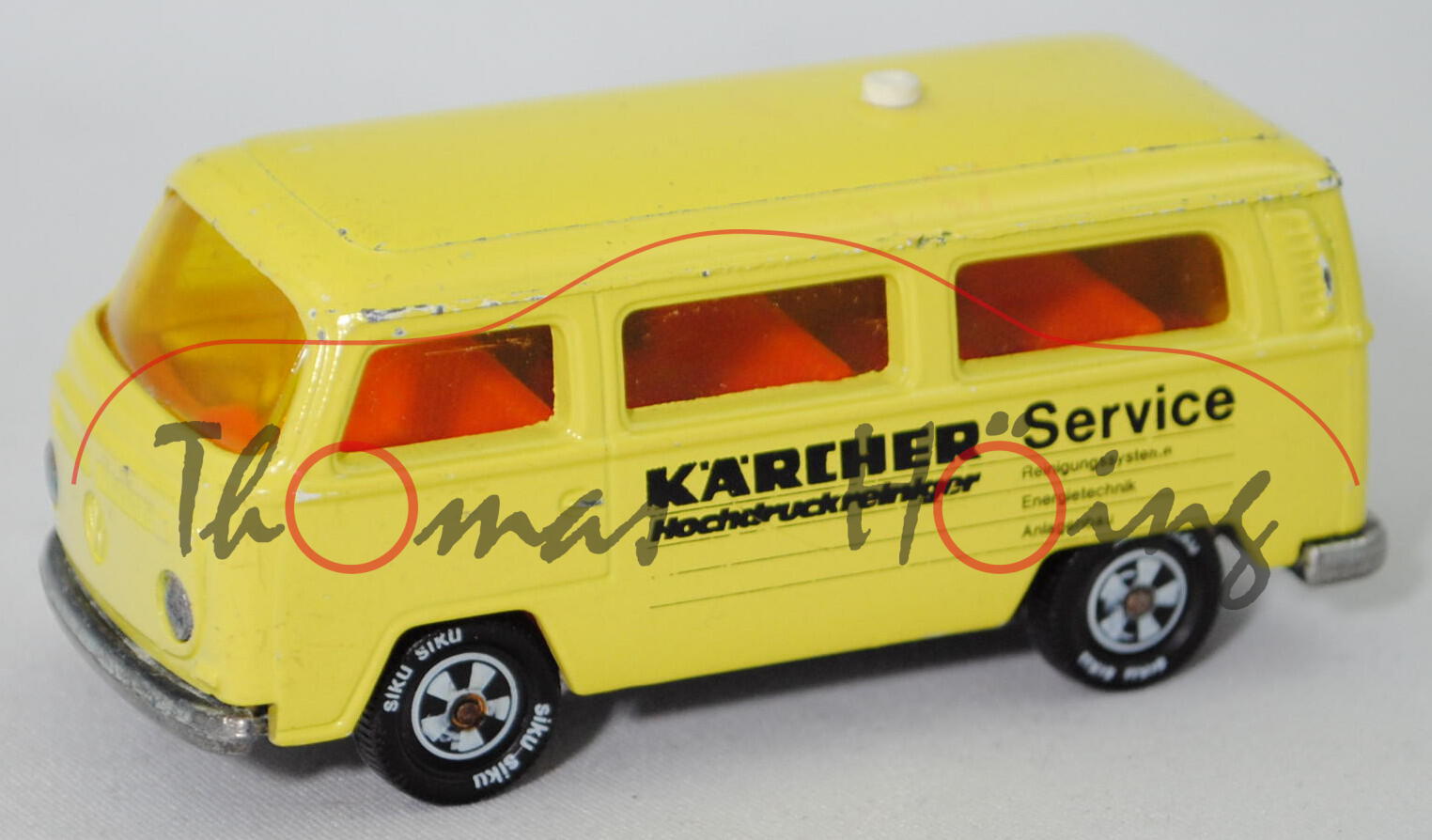 VW Transporter T2 Bus (2. Gen., Typ T2b, Mod. 1972-1973), schwefelgelb, KÄRCHER Service, SIKU, 1:60