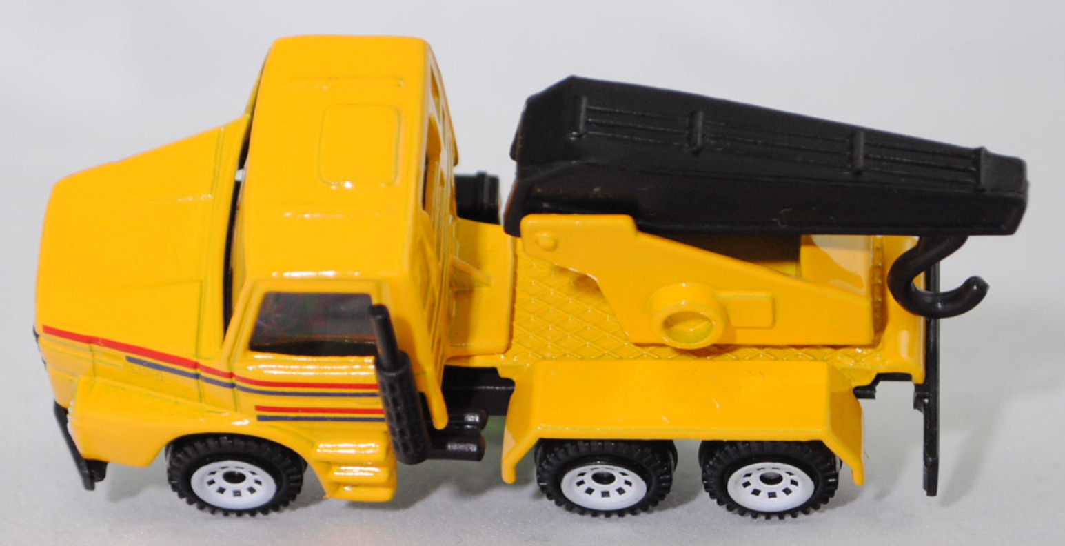 00001 Scania T143H-400 6x4 (Modell 1988-1991) Abschleppwagen, gelb, Kranfuß gelb, Ausleger schwarz, Bpr. 0808/1013/1014, C1 weiß, SIKU SUPER, 1:93, m
