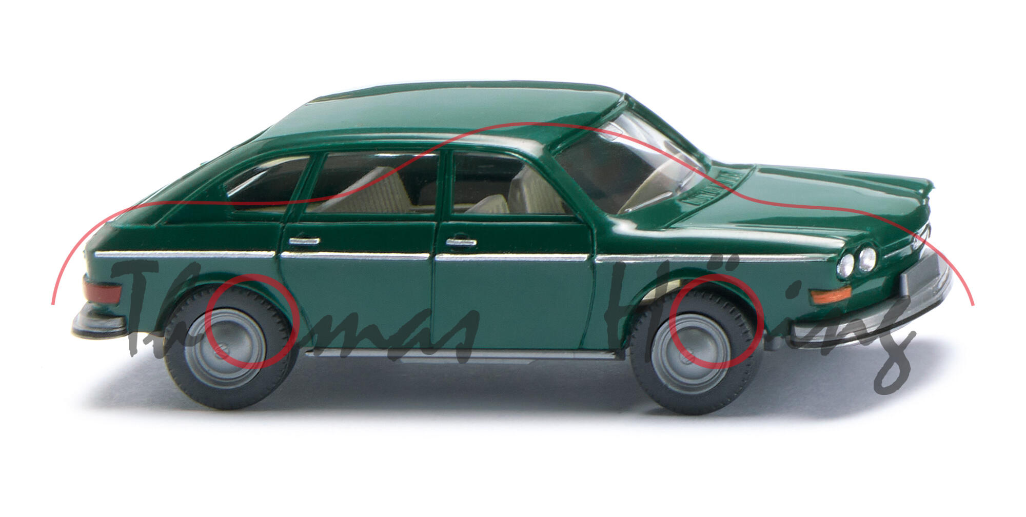 VW 411 E Limousine mit 4 Türen (Typ 4, Nasenbär, Facelift 1969, Grundmodell, Modell 1969-1972), moosgrün, Wiking, 1:87, mb