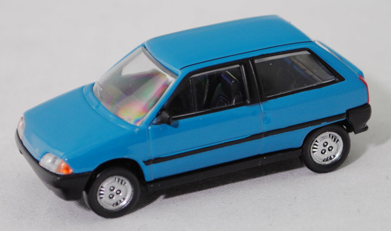 Citroen AX 14 TRS (1. Generation, Baureihe AX, ZA, Vorfacelift, Modell 1986-1991, Baujahr 1986), karibik-blau, Norev, 1:64, Werbeschachtel