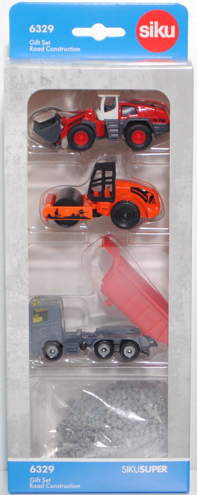 00000 Geschenkset Straßenbau: LIEBHERR L 576 2plus2 Radlader + HAMM 3625 HT Walzenzug + Scania R380 mit Kippmulde + Zubehör, SIKU SUPER, P33R