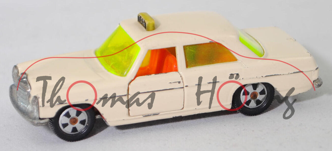 00012 Mercedes-Benz 250/8 (W 114, Serie 1, Modell 1967-1972) Taxi, hellelfenbein, Lenkrad rotorange, Verglasung gelbgrün, R9, SIKU (V-SERIE), 1:61, m-