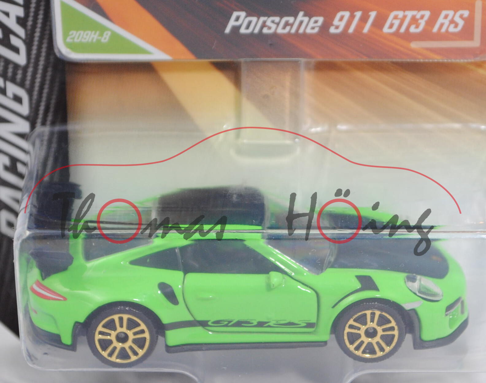 Porsche 911 GT3 RS (Typ 991.1, 4. RS-Gen., Modell 15-17), hell-gelbgrün, Nr. 209H-8, majorette, 1:59