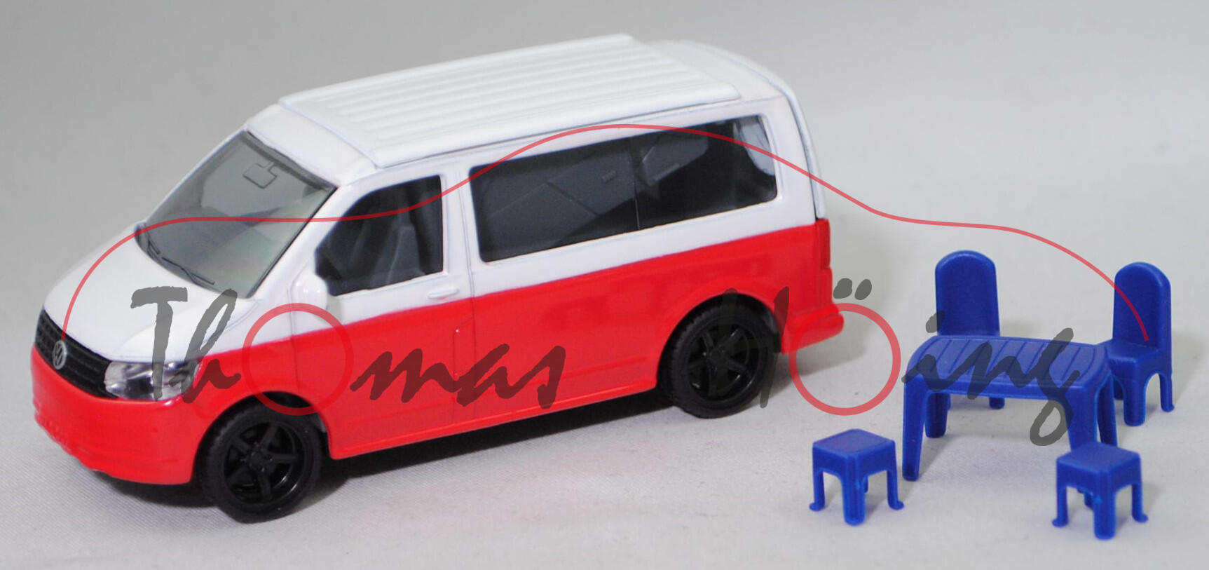 00001 VW T6 California (6. Gen., Typ SG, 2. Facelift 2015, Mod. 15-19), weiß/rot, Außenspiegel Metall, SIKU, 1:50, L17mpK