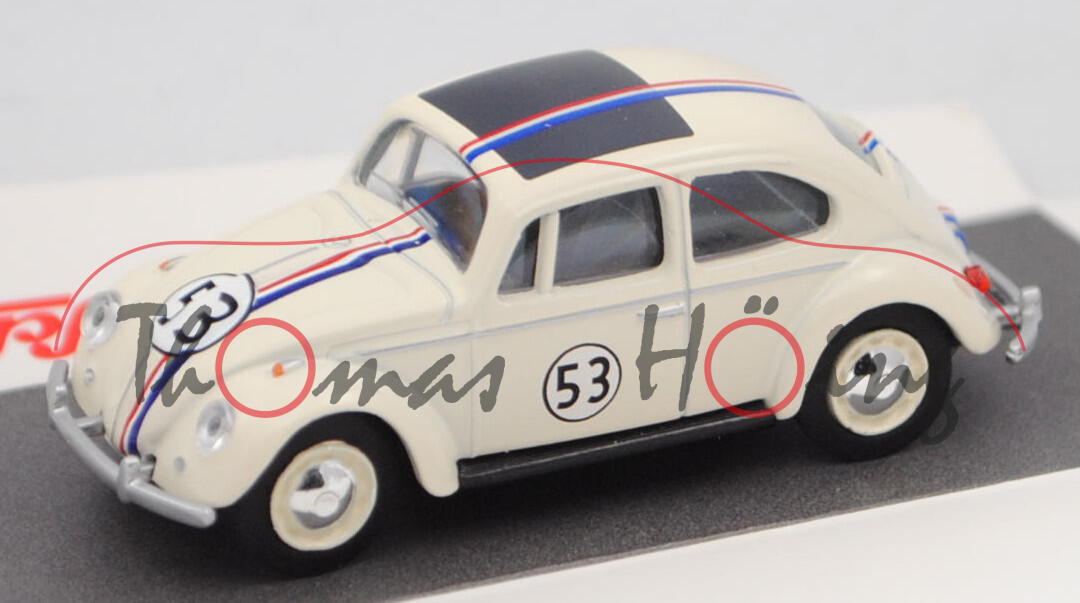 VW Käfer 1500 Rallye (Mod. 66-67), hellelfenbein, blau/weiß/rote Streifen, Nr. 53, Schuco, 1:64, mb