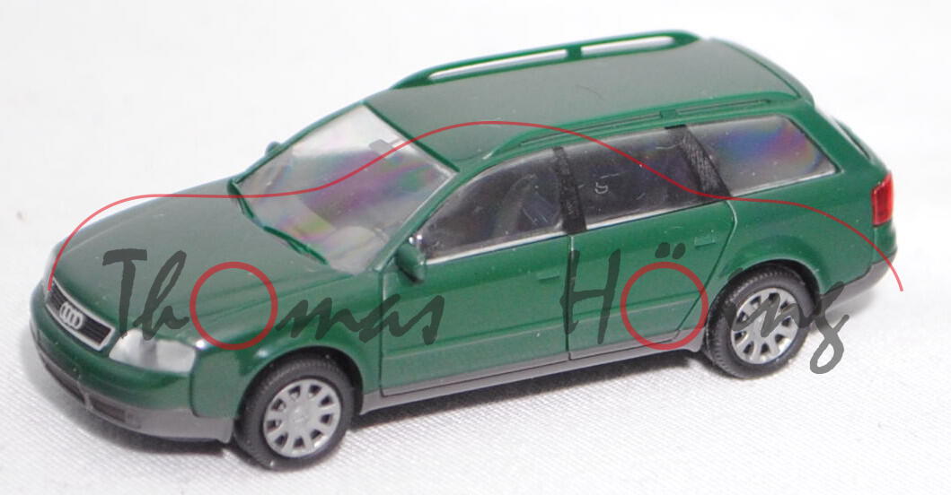 Audi A6 Avant 2.7 T quattro (2. Gen. A6, C5, Typ 4B, Mod. 99-01), moosgrün, Rietze, 1:87, Werbebox