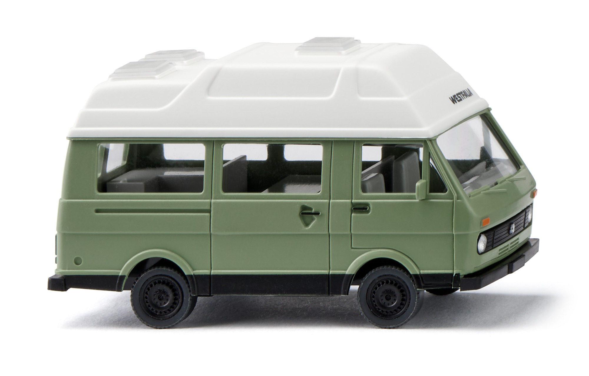 WESTFALIA Sven Hedin Wohnmobil auf Basis VW LT 28 (Modell 1975-1986), Fahrerhaus hellgrün, Hochdach weiß, Wiking, 1:87, mb
