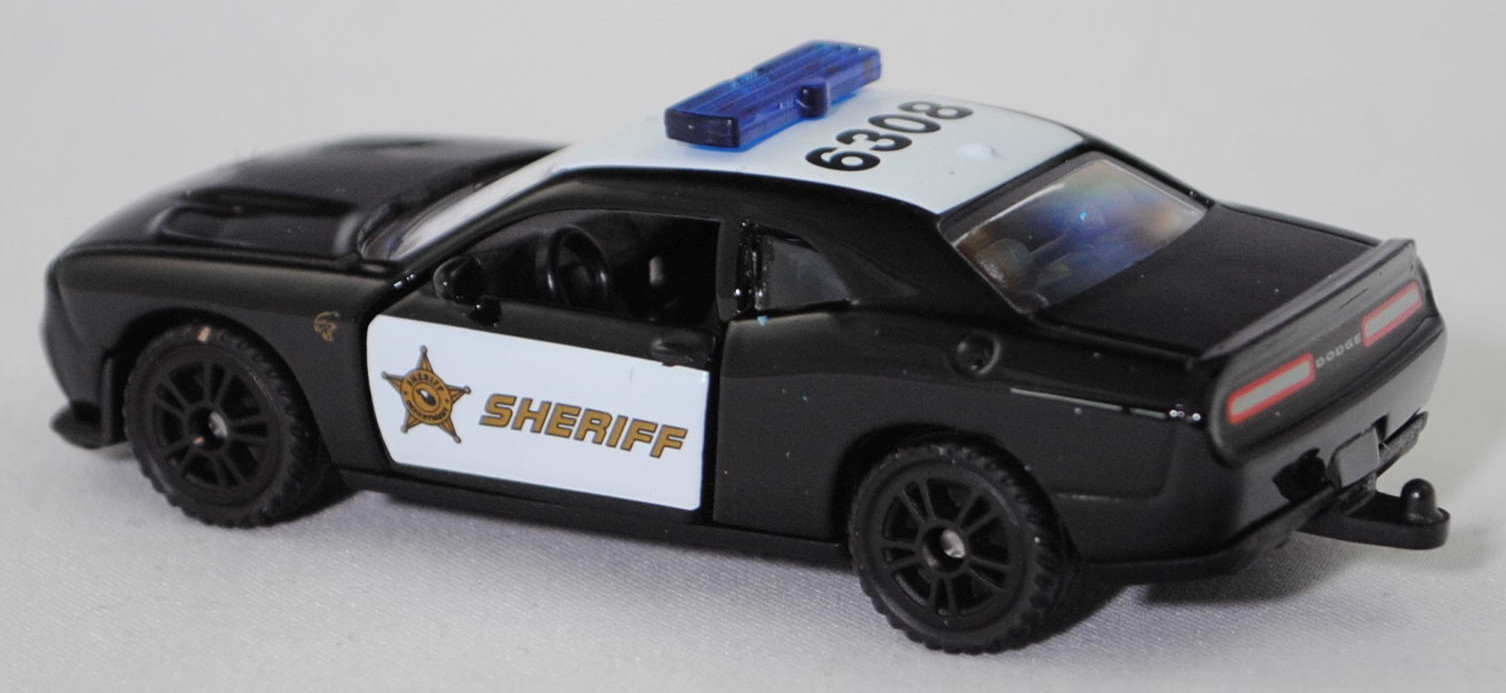 00000 Dodge Challenger SRT Hellcat (3. Generation, Facelift 2014, Modell 2014-2018) County Sheriff, schwarz, Sheriff-Stern und SHERIFF, SIKU SUPER, 1:63, P29f