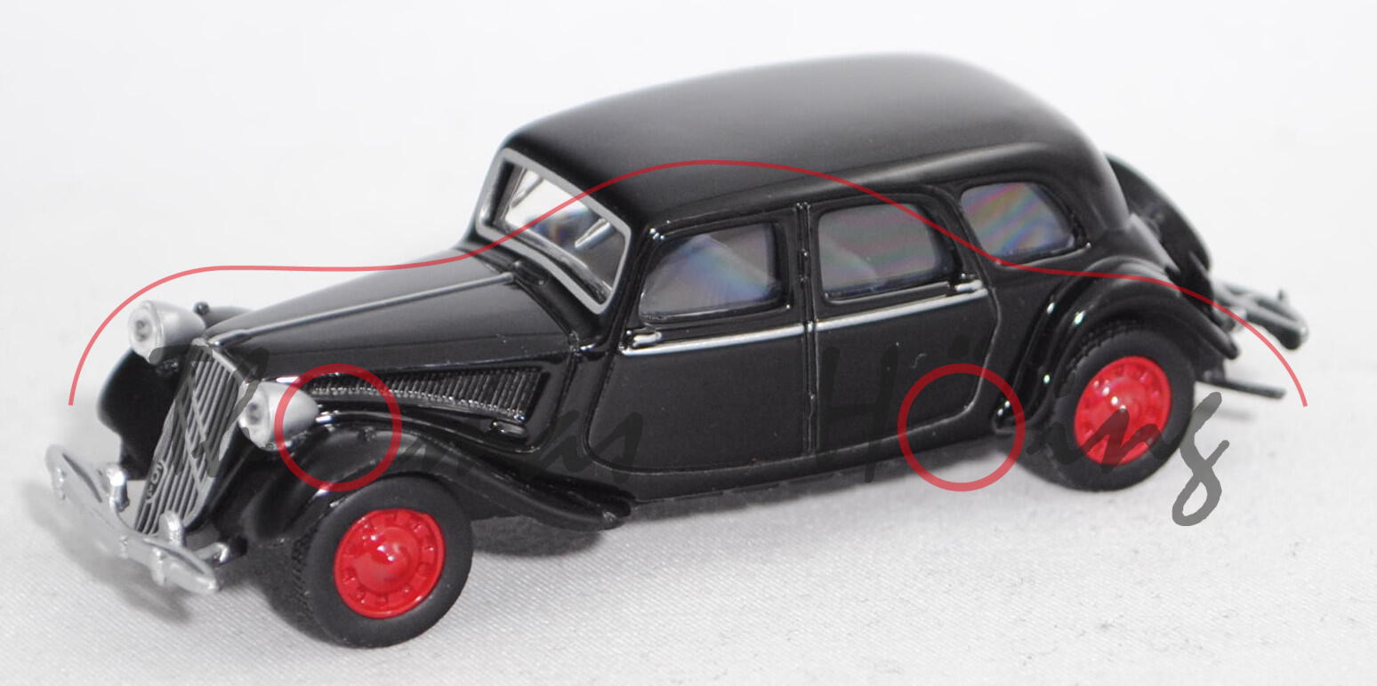 Citroen Traction Avant 15-Six (15/6) (Modell 1939-1947), schwarz, Felgen rubinrot, 1:58, Norev, mb