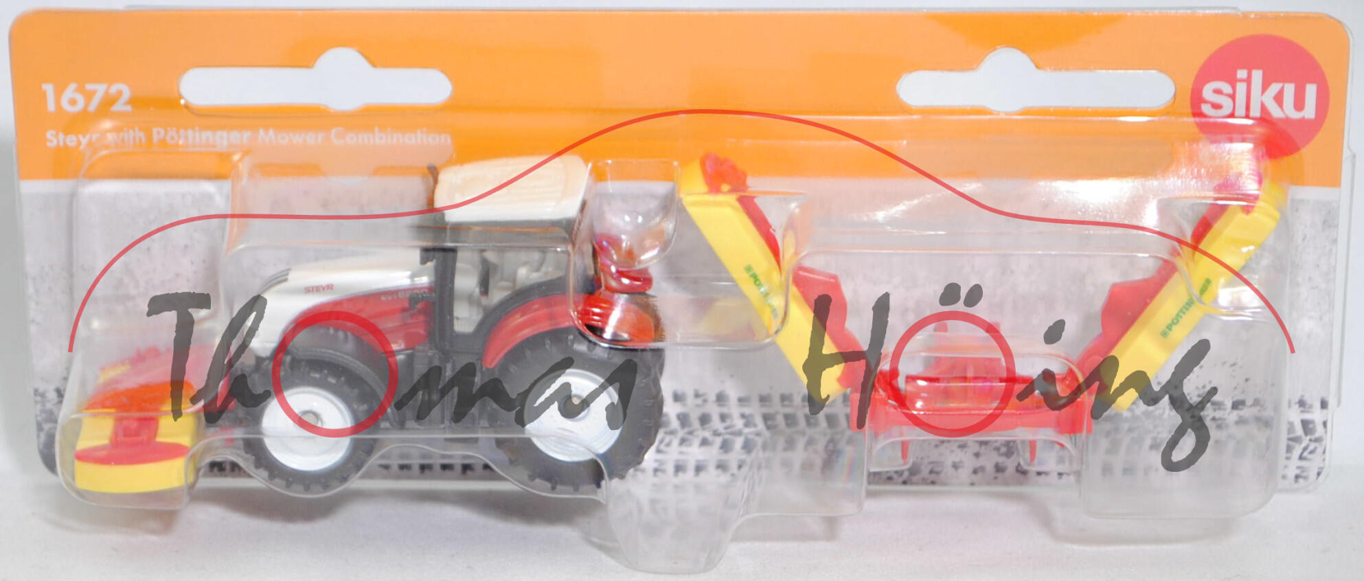 00000 Steyr 6230 CVT ecotech (Modell 2011-2015) mit PÖTTINGER Scheibenmäher-Kombination NOVACAT V10 (Modell 2008-2016), weiß/rot + rot/gelb, SIKU SUPER, P29f