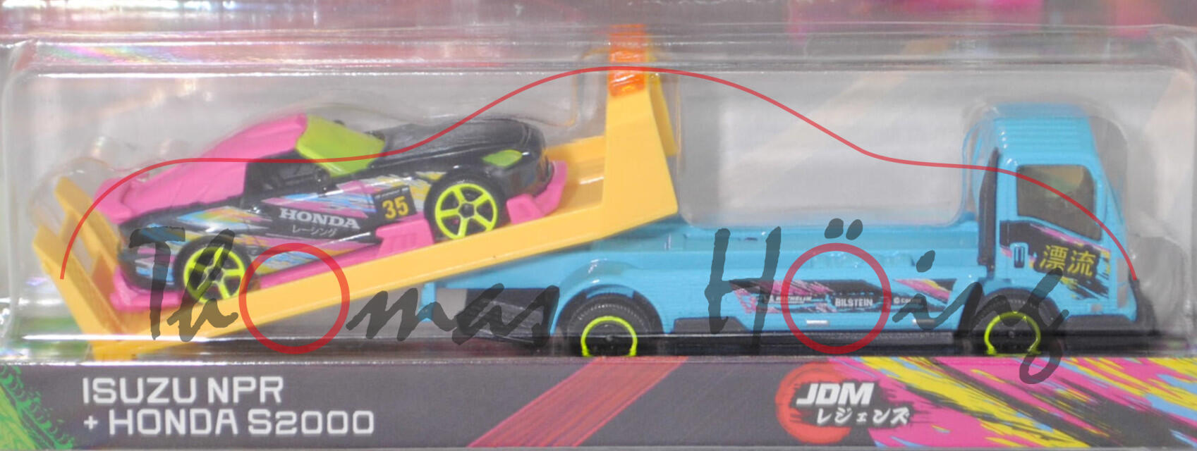 ISUZU NPR75 (Modell 2016-2023) Abschleppwagen mit Honda S2000 (Modell 2004-2009), Abschleppwagen: blau; Ladegut: schwarz, majorette, Blister (JDM Legends Tuning Transporter)
