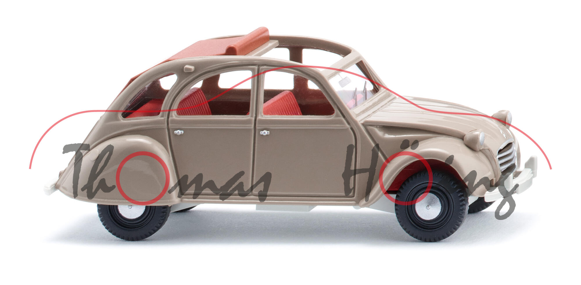 Citroen 2CV AZ (Modell 1966-1970), olivgrau, offenes Rolldach kupferbraun, Wiking, 1:87, mb