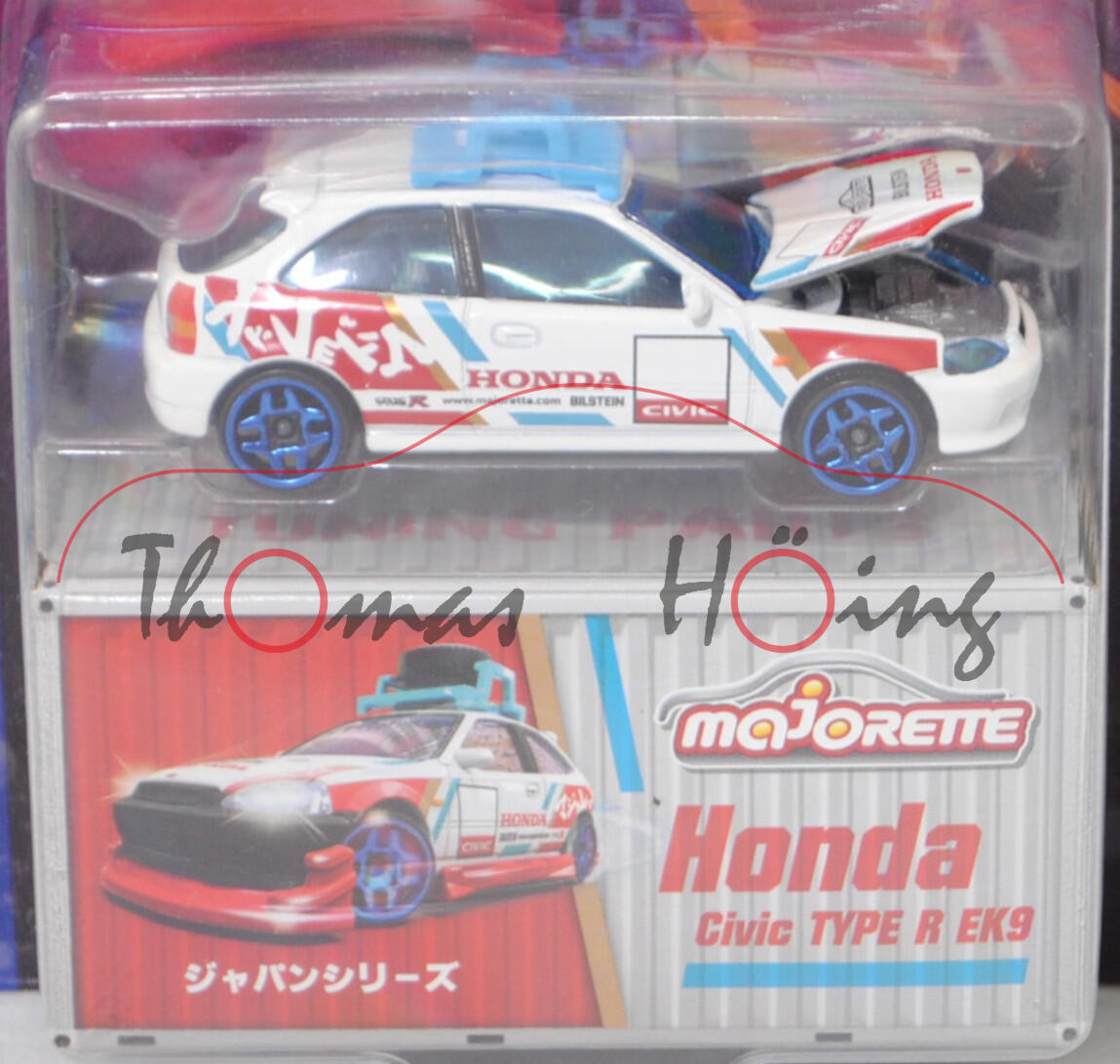 Honda Civic Type R (Baureihe EK9, Mod. 1998-2000), weiß, Dachgepäckträger blau, majorette, 1:57, mb