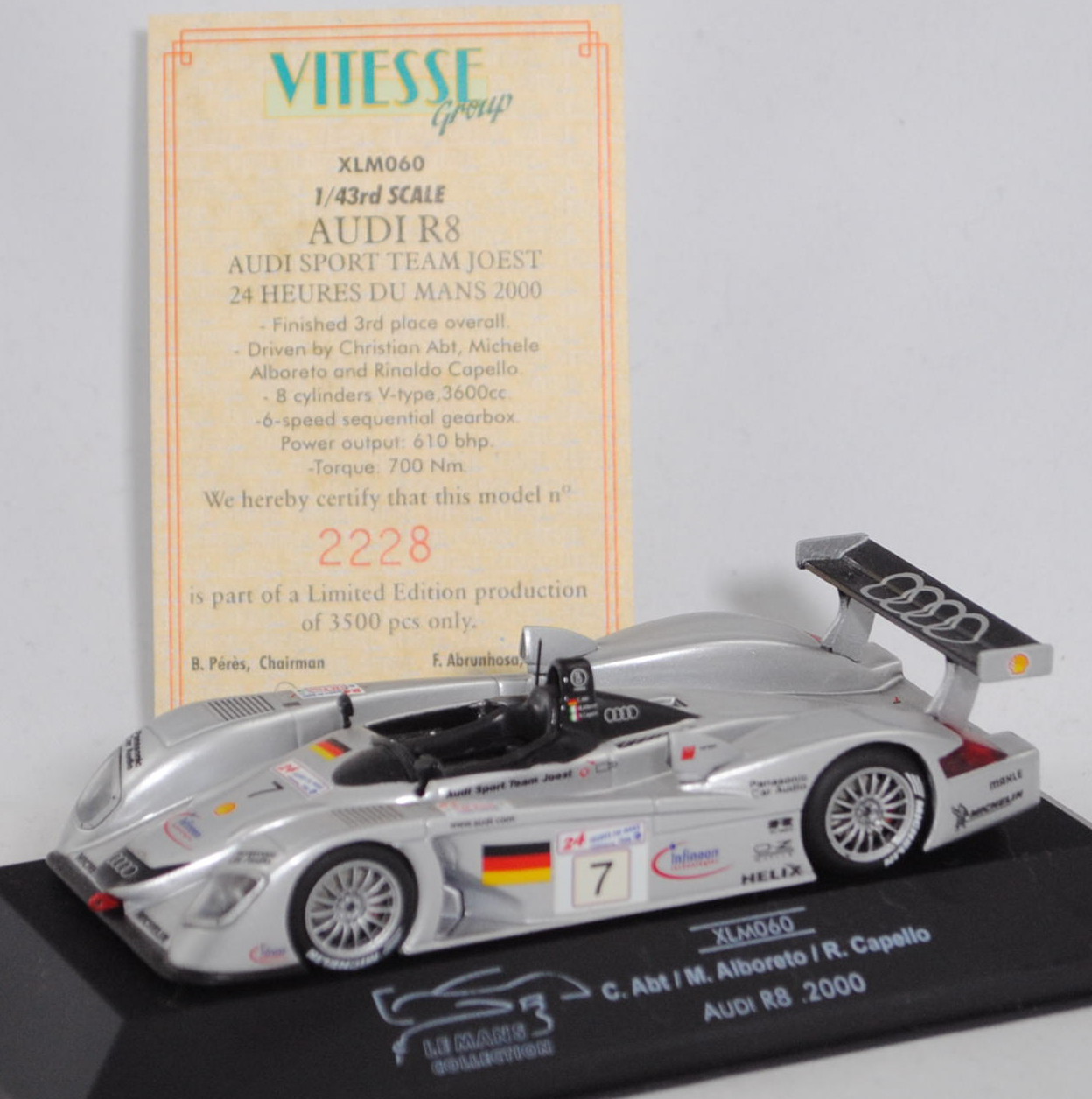 Audi R8, Team: Audi Sport Team Joest, Le Mans 2000, Abt/Alboreto/Capello, Nr. 7, ONYX, 1:43, PC-Box