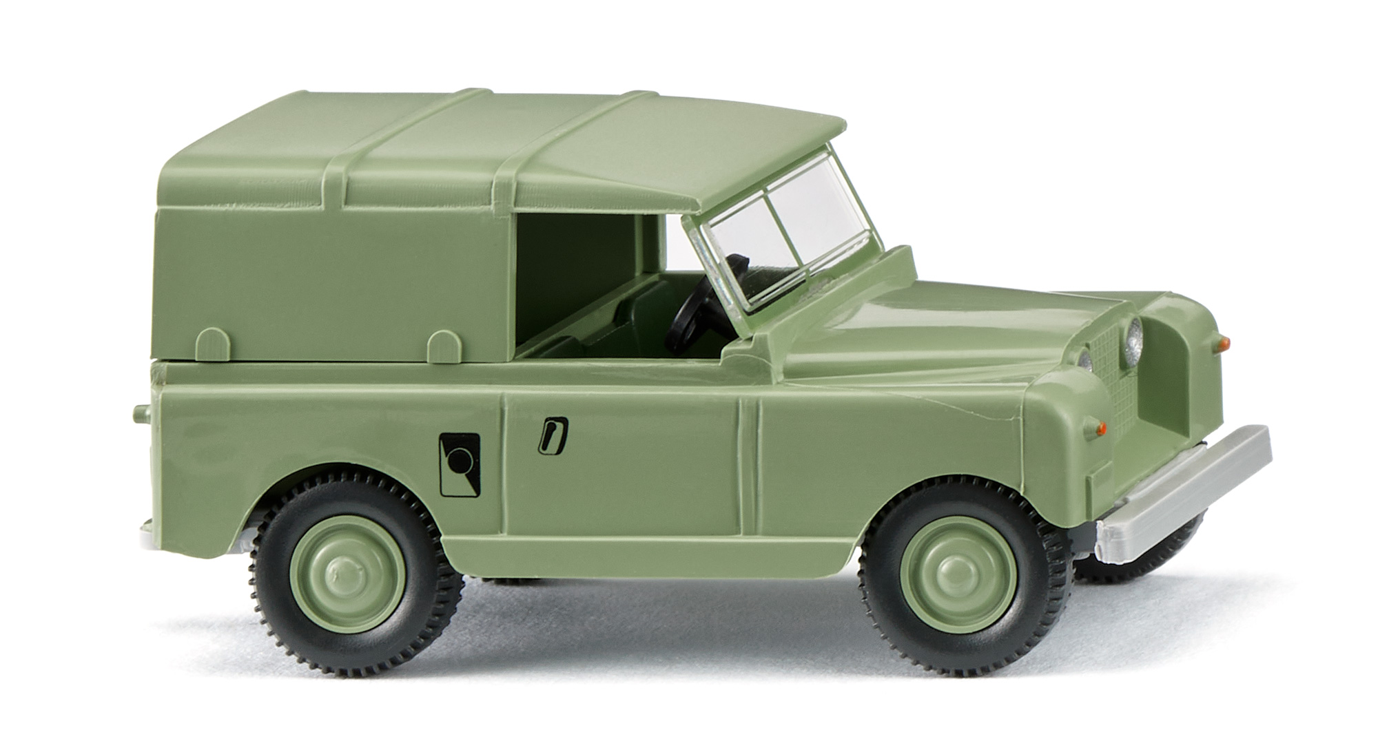 Land Rover Series II Regular (2. Generation, Serie II, Typ 88'', Vorfacelift, Modell 1958-1961), hellgrün, Zubehör: 1 Felge hellgrün + 1 Reservekanister, Wiking, 1:87, mb