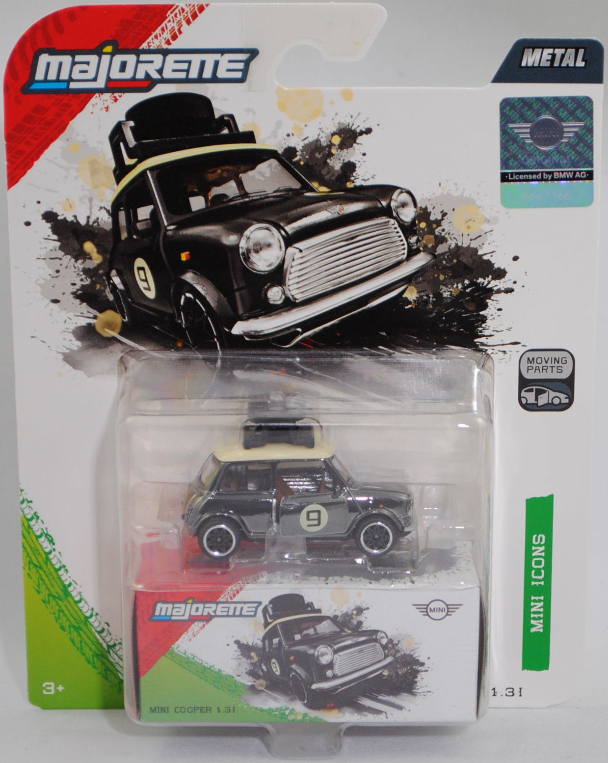 MINI Cooper 1.3i (ADO20, Modellcode XN, 5. Facelift 1991, Modell 1991-1996) mit Dachgepäckträger und Ladegut (Nr. 265E), schwarz/elfenbein, majorette, 1:53, Blister (MINI ICONS DELUXE CARS)